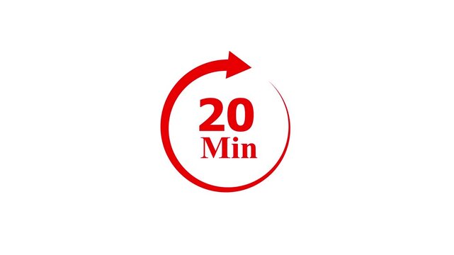 20 minutes timer icon, red countdown clock symbol isolated on white background