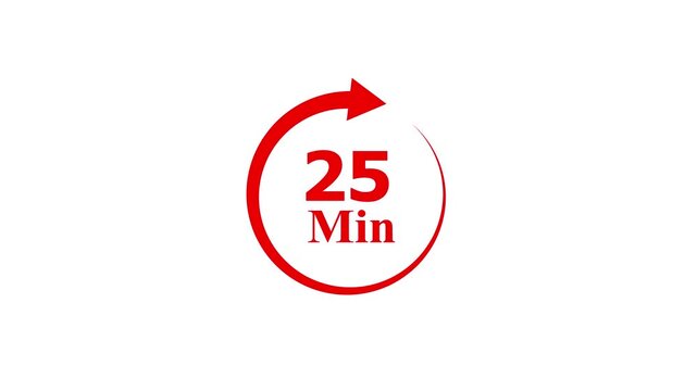25 minutes timer icon, red circular arrow symbol, isolated on white background