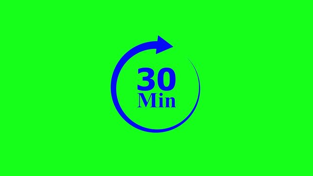 30 minute timer icon with circular arrow on green screen background