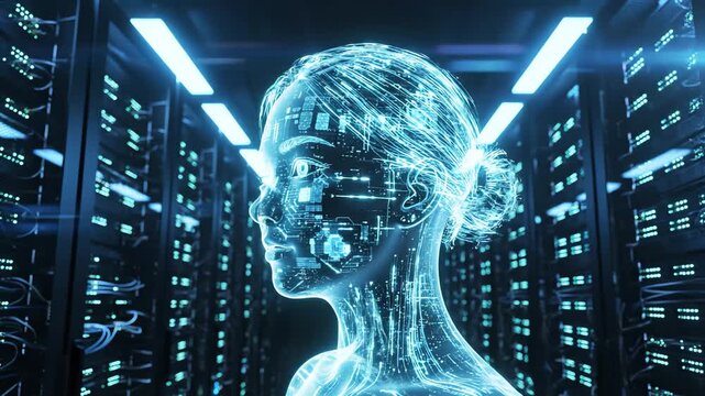 ai neural network female head glows in server room visually representing data science and machine learning