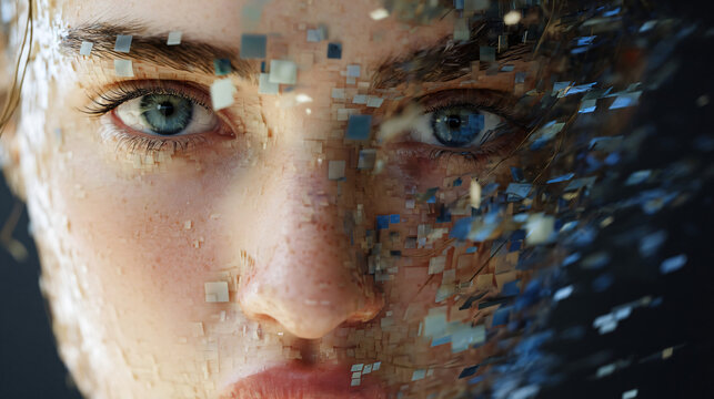 Digital Transformation Portrait: A striking close-up of a person's face, half obscured by dissolving digital cubes.