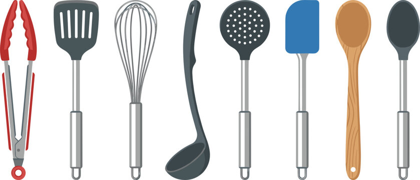 Kitchen utensils and cooking tools vector illustration set featuring tongs spatula whisk ladle skimmer spoon and scraper for culinary graphic design