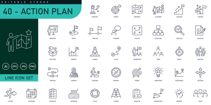 Action plan and business strategy solid icon set. Includes symbols for Workflow, Milestone, Execution, and Delegate. line vector icons for project management and corporate sprint
