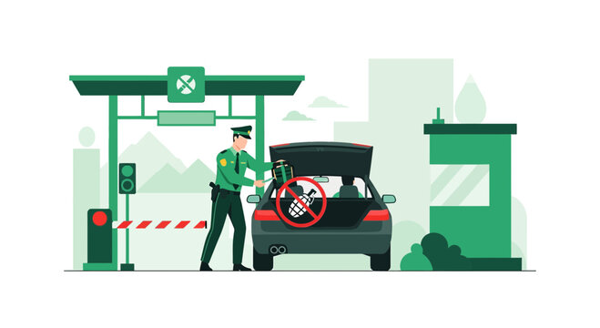 Border Control Officer Inspecting Car Trunk with Prohibited Item Sign