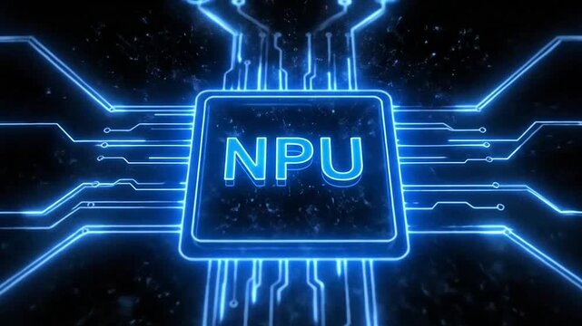 A glowing blue digital processor chip on a dark background