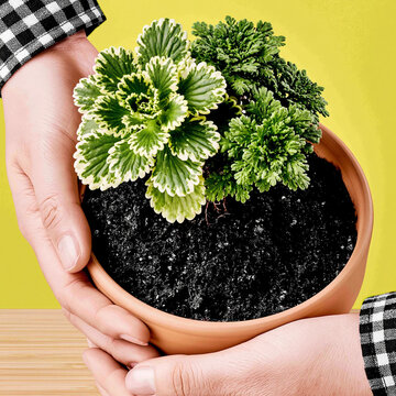 Hands Holding Potted Variegated Green Plant on Yellow Background