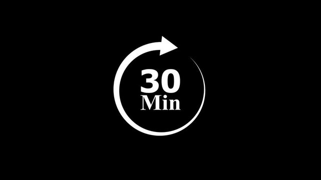 30 minutes timer icon, red circular arrow symbol isolated on black background	