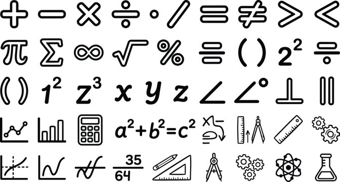 Math and science doodle line icon set featuring algebra equations, geometry symbols, calculators, and graphing charts for educational textbook layouts and school marketing infographics
