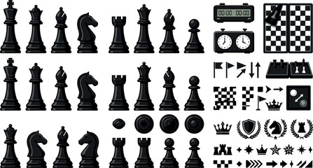 Flat vector illustration set of classic black chess pieces, strategy icons, game boards, timers, and tournament symbols isolated on white background © Mehedi
