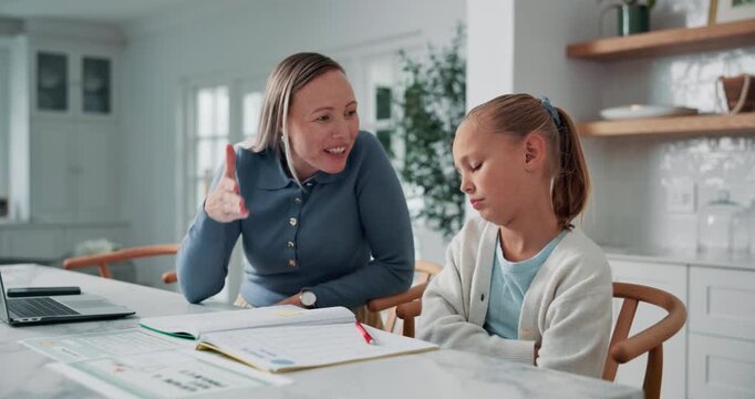 Mom, child or fight with homework for learning difficulty, ADHD or development in home. Frustrated mother, shouting or discussion with kid, daughter or girl for education, help or support in house
