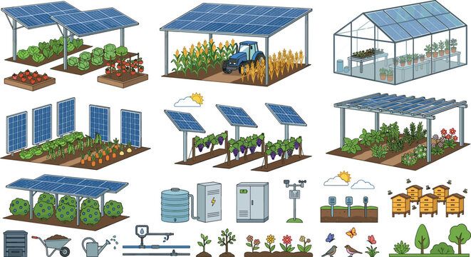 Flat vector illustration set of agrivoltaics and smart farming concepts featuring solar panels integrated with greenhouses, field crops, tractors, and eco energy infrastructure