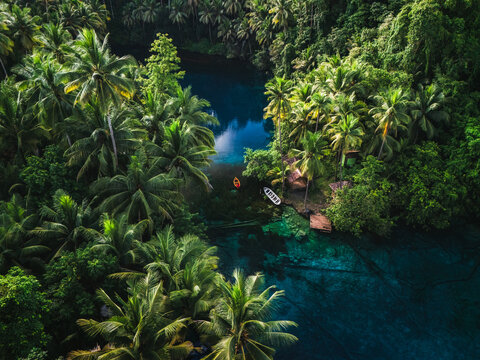 Aerial view of Danau Paisu Pok Luk Panenteng, a blue lake surrounded by dense palm trees and lush jungle, with small wooden boats in Bulagi Utara, Central Sulawesi, Indonesia.