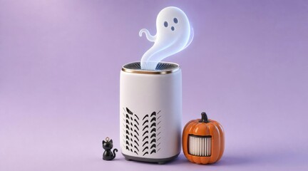 Obraz premium Halloween pumpkin air freshener with ghost smoke and black cat figurine