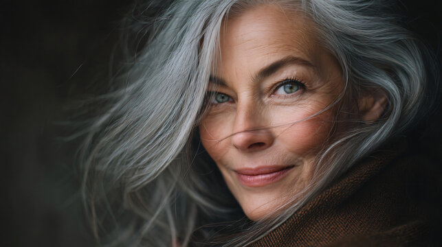 Silver Fox Serenity: A striking portrait of an elegant mature woman with flowing silver hair, her eyes reflecting wisdom and a gentle smile hinting at a lifetime of experiences.