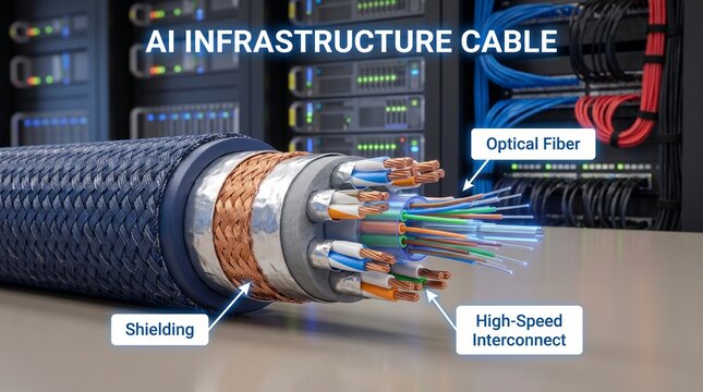 High speed cable with optical fiber and shielding in a data center, symbolizing the ai backbone for fast, secure infrastructure and low latency data transfer.