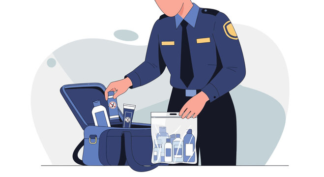 Airport Security Officer Inspecting Luggage with Liquids in Travel Bag