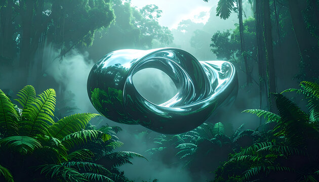 Mysterious metallic object in misty jungle.