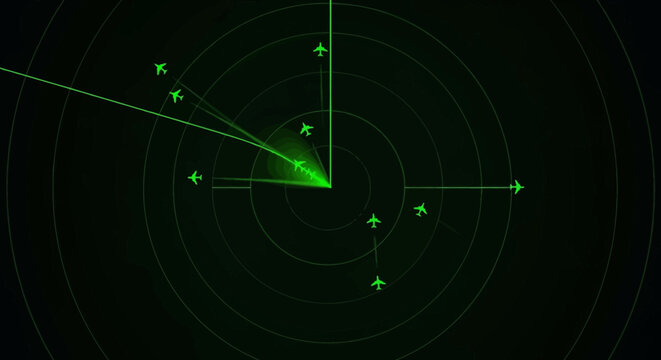 Green radar screen with multiple aircraft signals and tracking lines