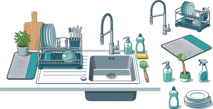 Modern kitchen sink organization vector illustration set featuring drying racks faucets dish soap sponges and plates for home interior tidying design