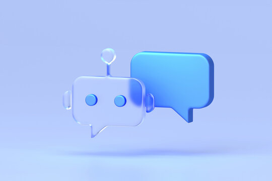 Glassmorphism icon set featuring translucent chatbot bubble and blue message notification symbol on soft gradient background