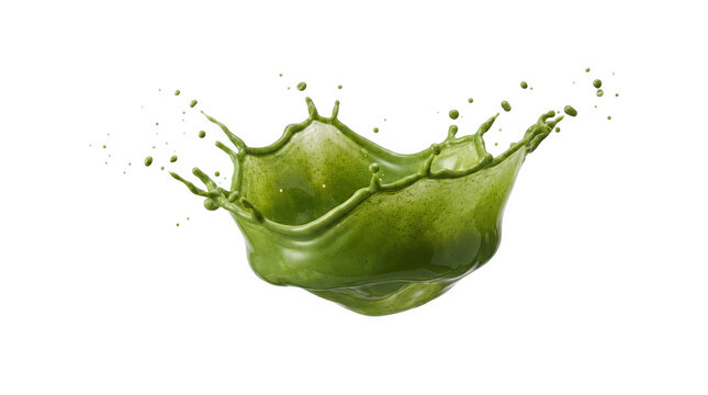 Matcha green tea latte splash with creamy texture isolated on transparent background for beverage ad.