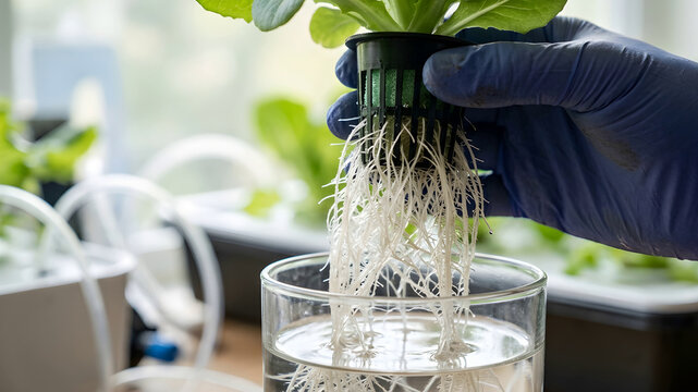 Gloved fingers holding hydroponic plant root system in nutrient rich water solution organic farming