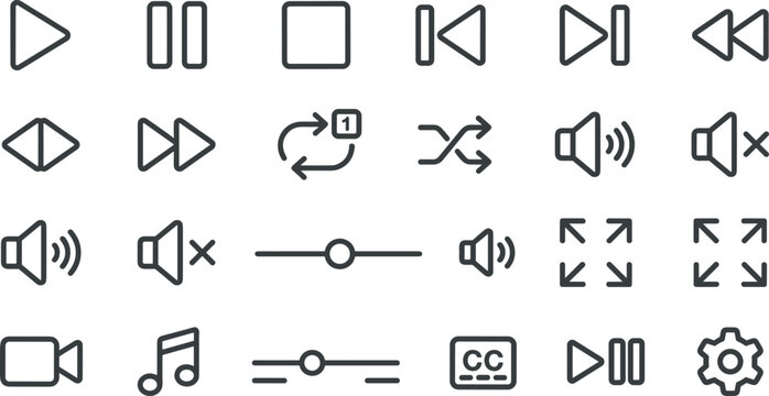 Multimedia audio and video player core line icon set featuring play pause stop volume control and settings for streaming website interface design