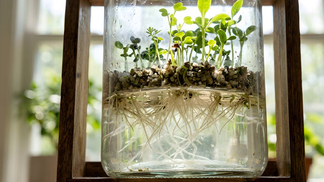 Seedlings growing in hydroponic medium inside glass cylinder with nutrient solution and roots