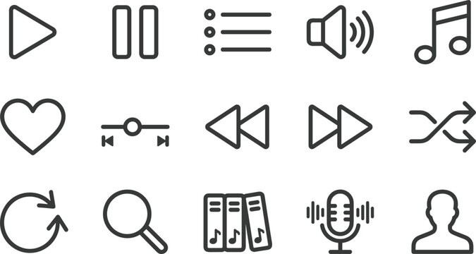 Music and multimedia player line icon set featuring play pause volume shuffle microphone and playlist symbols for audio streaming mobile app interface design