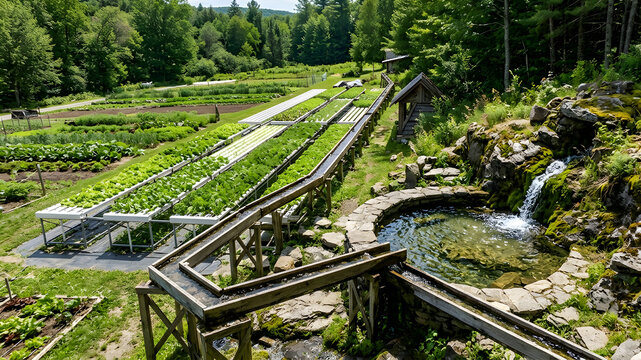 Spring water source at organic farm for hydroponic vegetables and sustainable agriculture