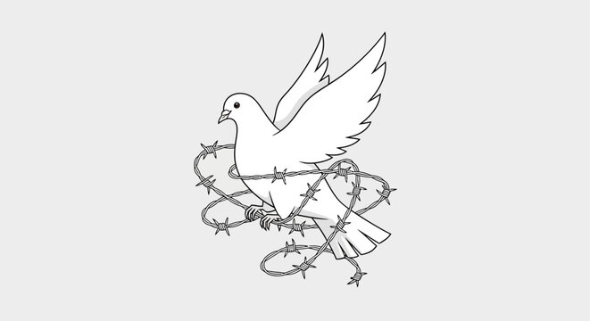 Peace dove entangled in barbed wire on minimalist background