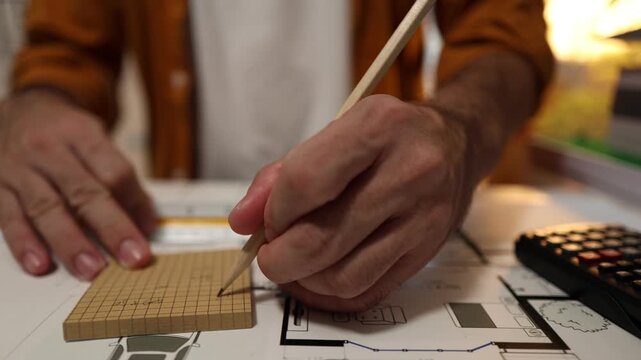 Architect reviewing residential house plans, measuring layouts, calculating dimensions, and inspecting a scale model during home design and construction planning in a professional workspace.
