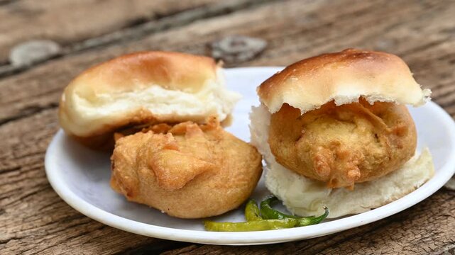 vada pav, mumbai famous vada paav is an indian burger. potato patty is deep fried and stuffed inside a paav or bun like burger, served over a rustic wooden background