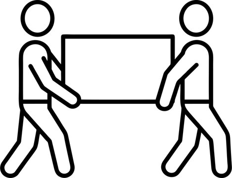 Manual handling icon vector. Two people carrying a heavy box together, logistic teamwork, and safe lifting line art symbol isolated on white background.