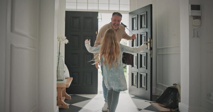 Excited, child and father at house for greeting, anticipation and affection for homecoming. Daughter, running and hug with man for welcome home, family reunion and bonding together for parent arrival