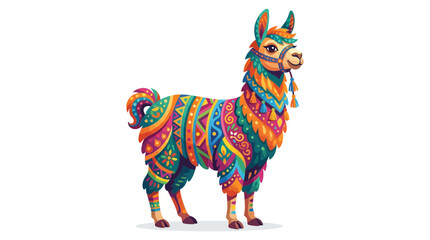 Vibrant 022 llama illustration with colorful patterns on fur stands on white background © sajjadhossain