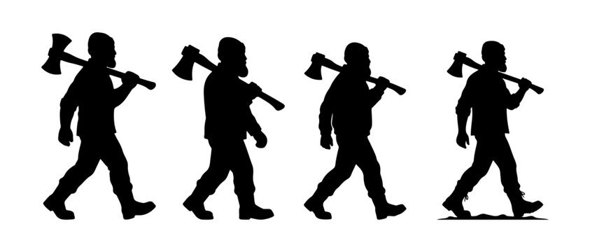 Lumberjack man walking with axe silhouette vector, strong woodcutter worker character icon set, flat vector design element.