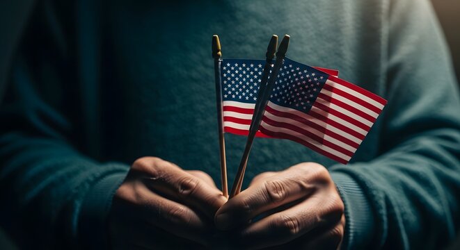 Person holding small American flag sticks