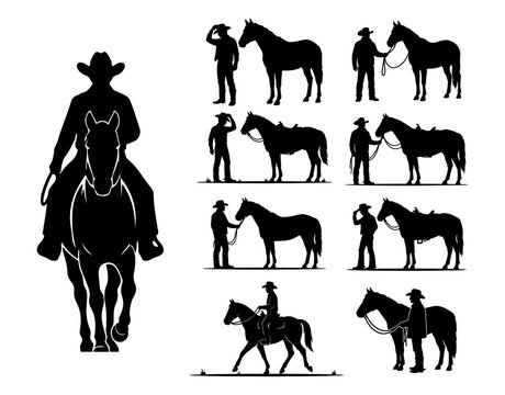 Wild West cowboy with horse silhouette collection, rancher and stallion vector illustrations, Western lifestyle icons set.