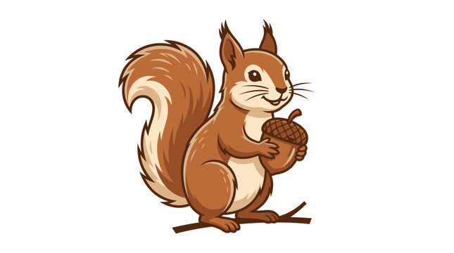 A cartoon squirrel holding an acorn stands on a branch outdoors in nature.