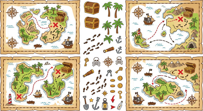 Pirate treasure map design collection with tropical islands paths compass roses and adventure elements for children game and birthday invitation marketing