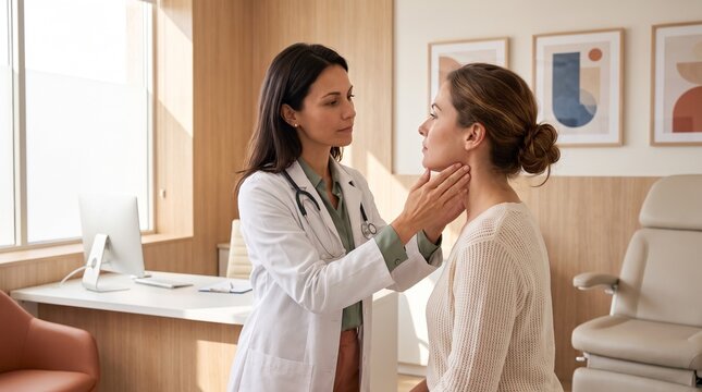 Female doctor examining a young woman's neck during a medical check-up in a modern clinic.