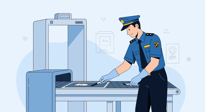 Airport security officer inspecting luggage at x-ray scanner, safety and vigilance