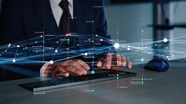 Concept of a man working in an office and digital technology.