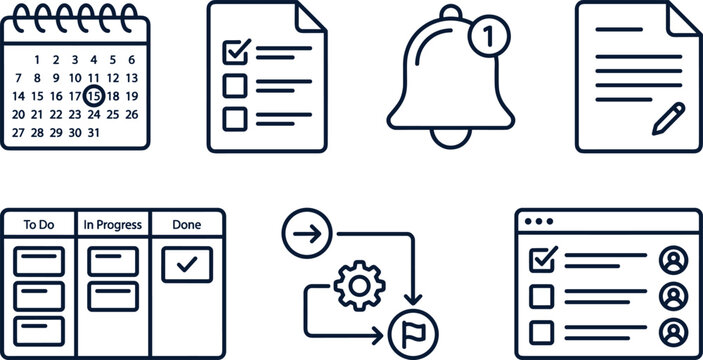 Project management and task scheduling line icon set featuring kanban board calendar clipboard reminder bell and agile process workflow for business application design