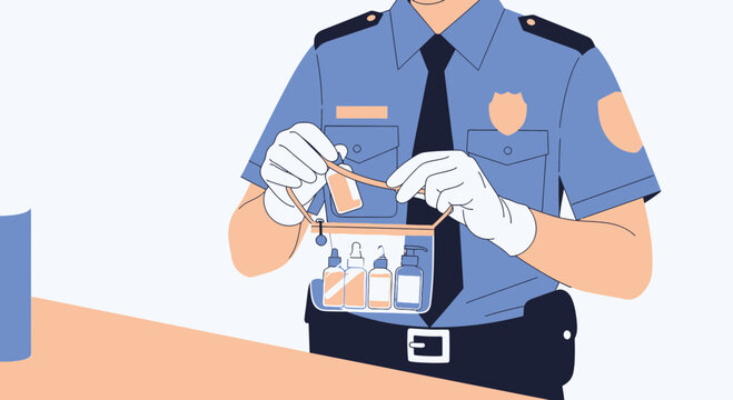 Airport Security Officer Inspecting Liquid Containers in Clear Bag