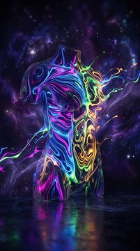 Vibrant abstract human form with swirling neon colors in space