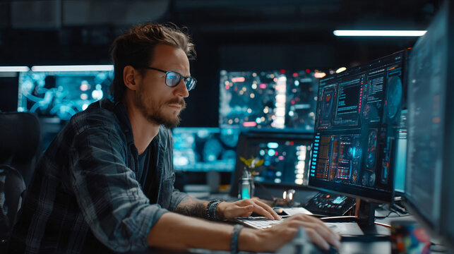 Cybersecurity Analyst at Work: A focused cybersecurity analyst, wearing glasses and a beard, intensely studies multiple computer screens displaying complex data and code in a dimly lit server room.
