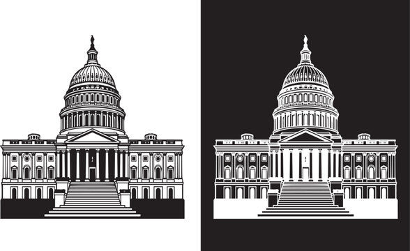 Hand drawn united states capitol building black and white vector art.