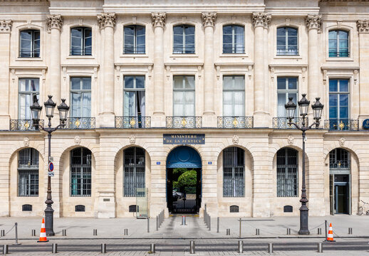 Paris, France - June 17, 2026: Entrance of the Ministry of Justice, aka the Chancellery, housed in the H&ocirc;tel de Bourvallais, at 13 Vend&ocirc;me square, built by french architect Robert de Cotte in 1704.